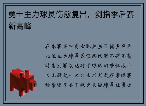勇士主力球员伤愈复出,剑指季后赛新高峰